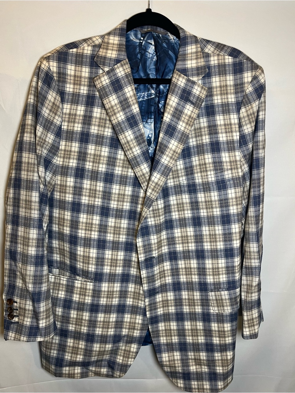 Tailored Blue and Cream Plaid Sport Coat Blazer